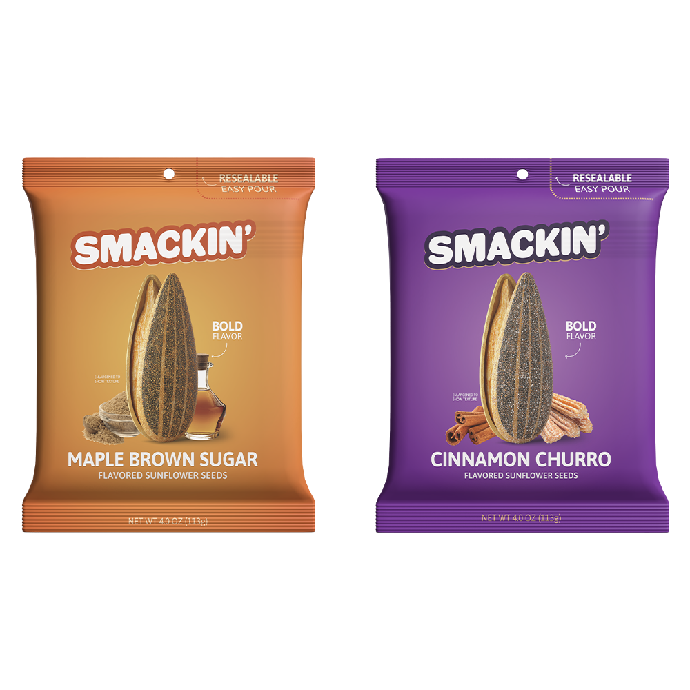Digital image displaying two resealable Smackin' flavored sunflower seed bags an orange Maple Brown Sugar bag with maple syrup and brown sugar and a purple Cinnamon Churro bag with cinnamon sticks and churros
