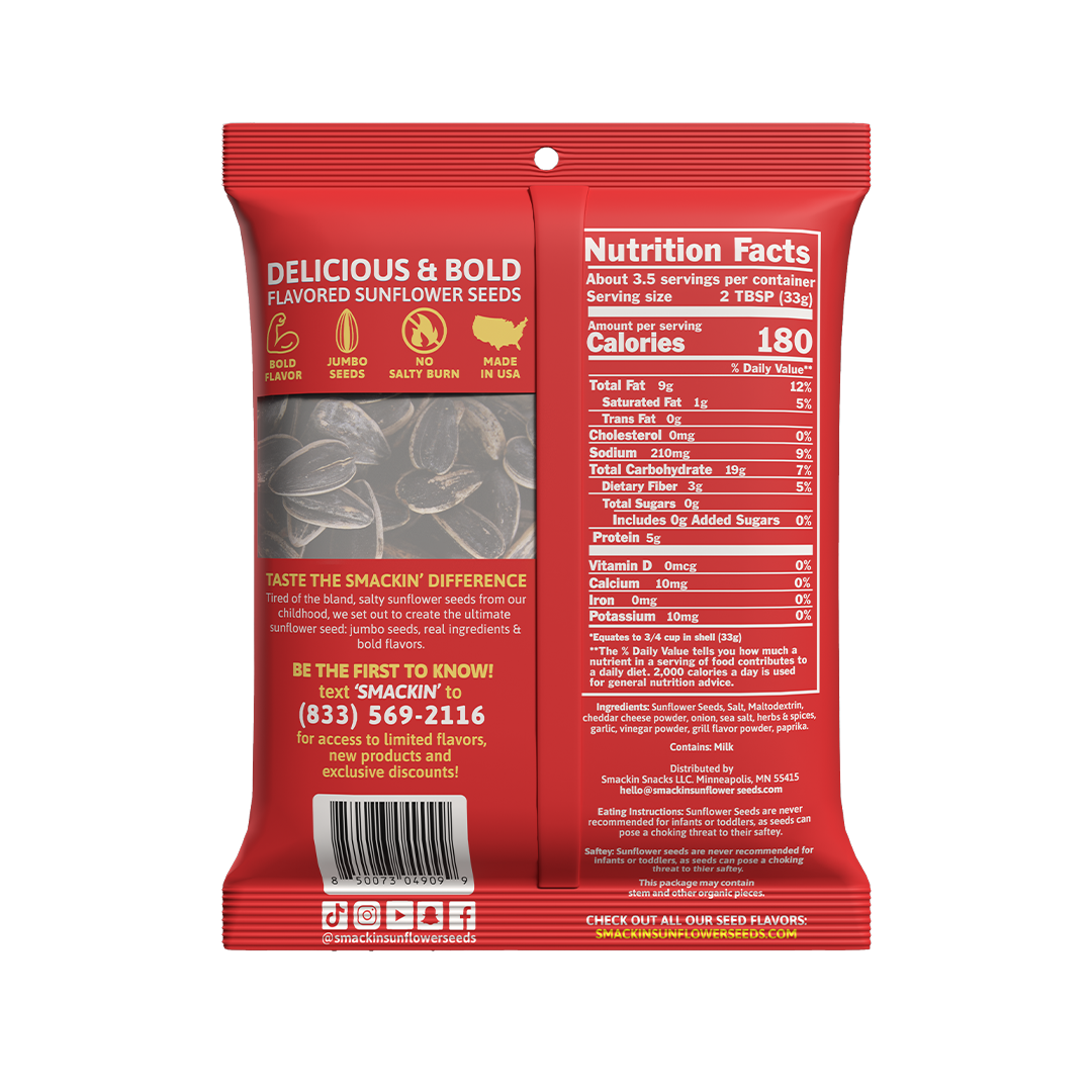 Product package of Smackin Snacks Delicious & Bold Flavored Sunflower Seeds featuring a vibrant red bag, a clear image of sunflower seeds in shells, and a nutrition facts label showing 180 calories