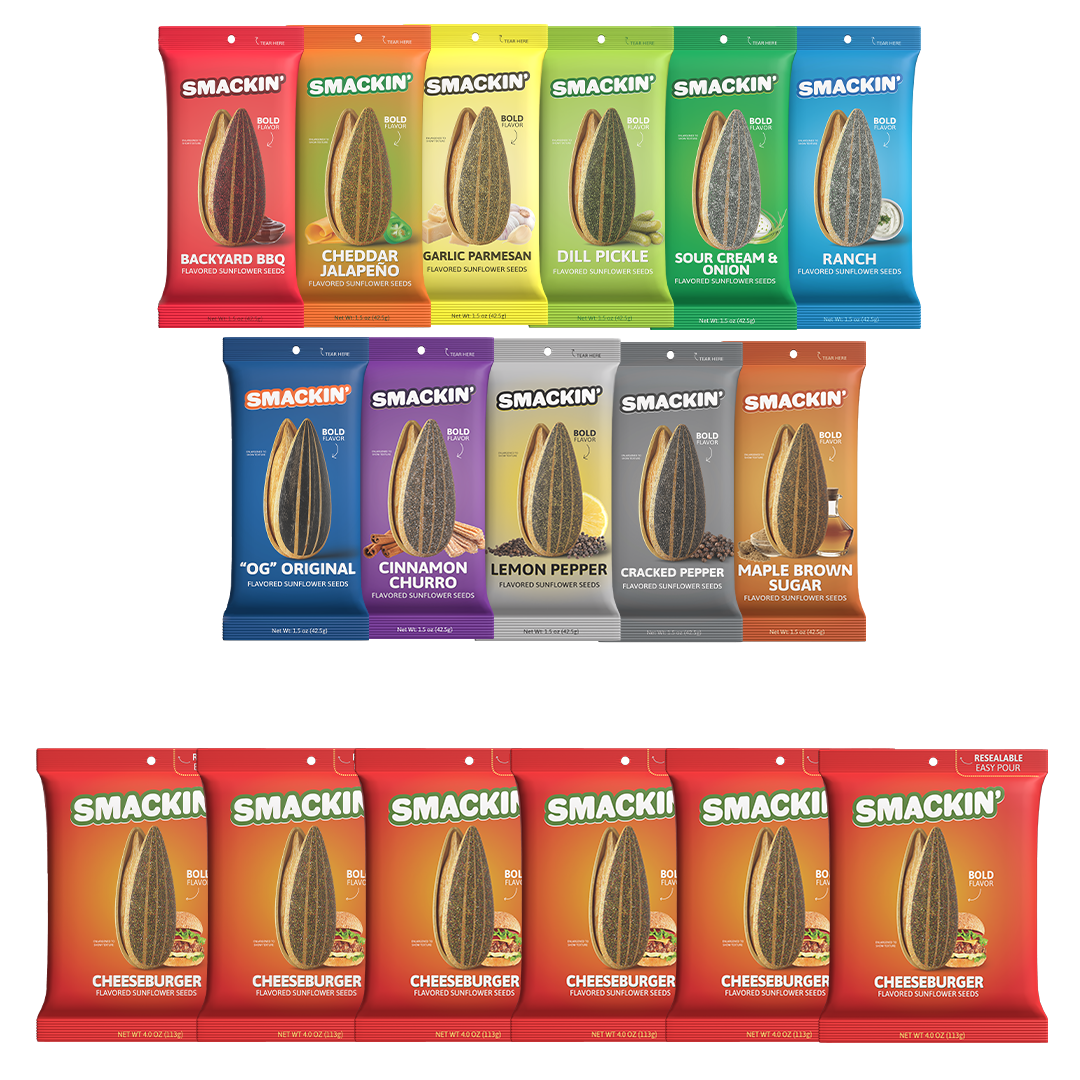A variety of Smackin' flavored sunflower seeds in colorful packaging including unique flavors like Backyard BBQ, Dill Pickle, and Maple Brown Sugar displayed in three organized rows
