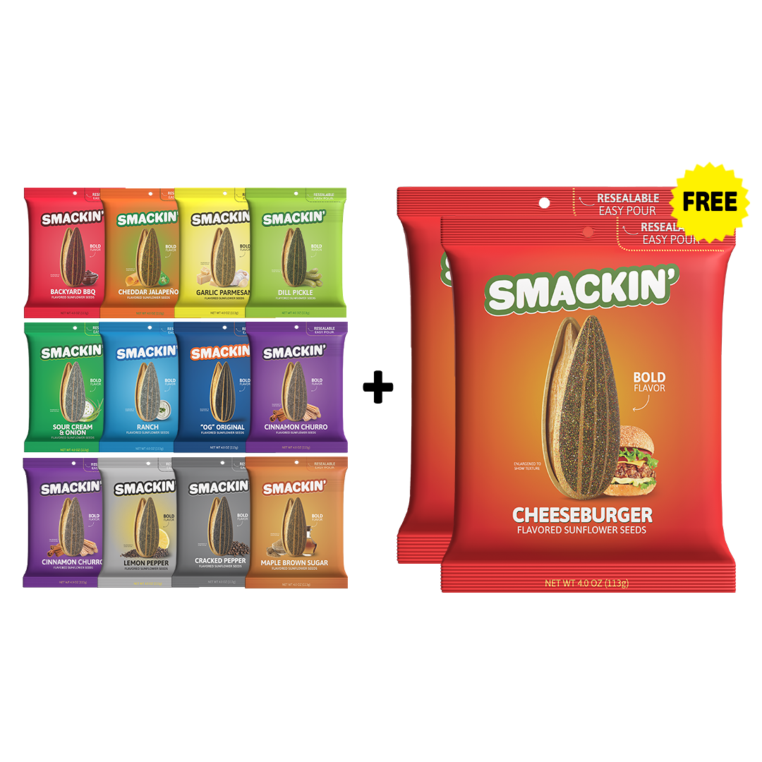 Product photo of Smackin' Sunflower Seeds displaying a grid of twelve assorted flavor bags like Dill Pickle, Cinnamon Churro, and Maple Brown Sugar alongside two red Cheeseburger flavored bags with a prominent yellow "FREE" starburst.