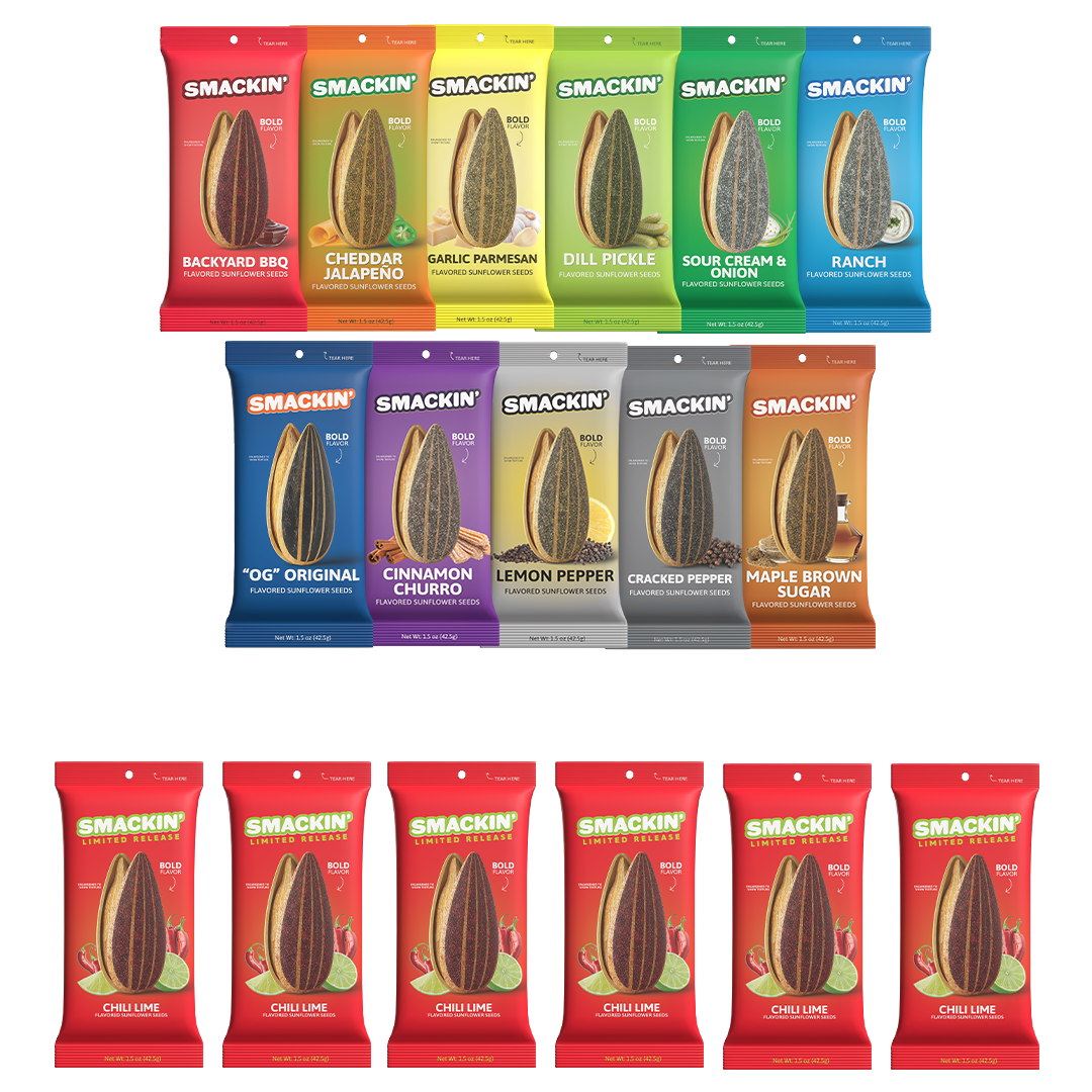 Smackin' Flavored Sunflower Seeds product display featuring multiple colorful pouches in bold flavors like Backyard BBQ, Cinnamon Churro, and Chili Lime Limited Release