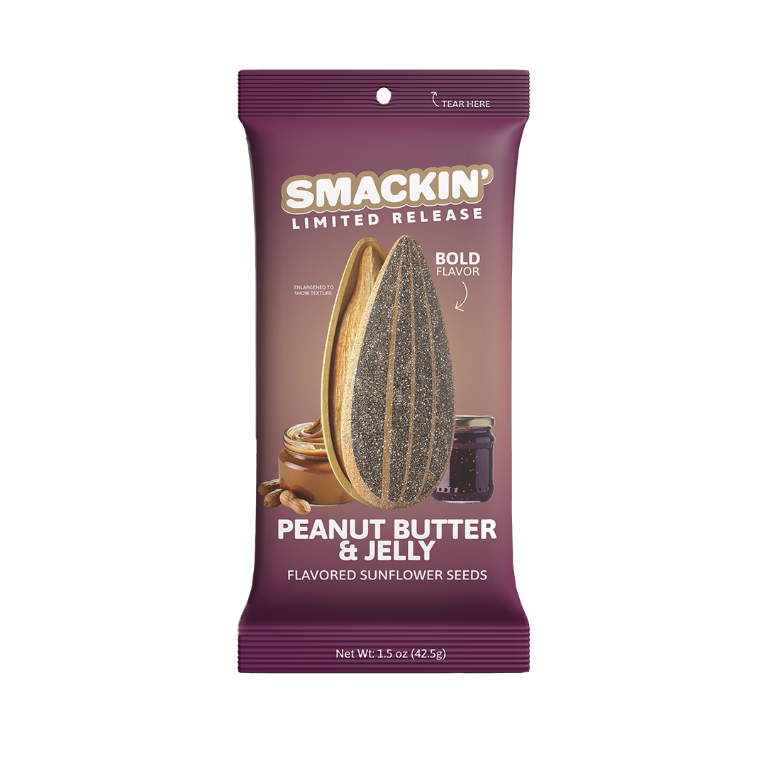 Smackin' Limited Release Peanut Butter & Jelly flavored sunflower seeds in a bold purple package featuring a split sunflower seed, creamy peanut butter, and dark jelly jars