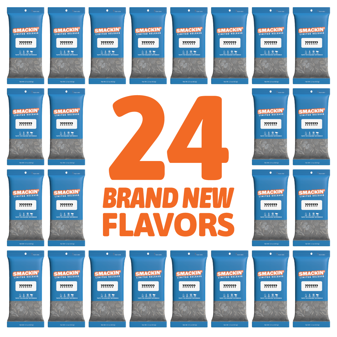 Digital graphic displaying 24 blue Smackin' Limited Release pouches with question marks for flavors surrounding large orange text that reads 24 Brand New Flavors