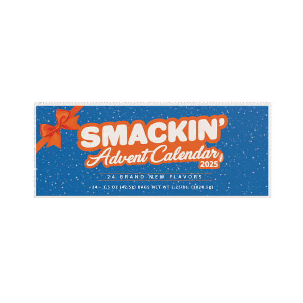 Digital graphic of the Smackin' Advent Calendar 2025 packaging, showcasing its festive blue background with white speckles, a vibrant orange bow, and retro-style orange and white "Smackin' Advent Calendar 2025" lettering
