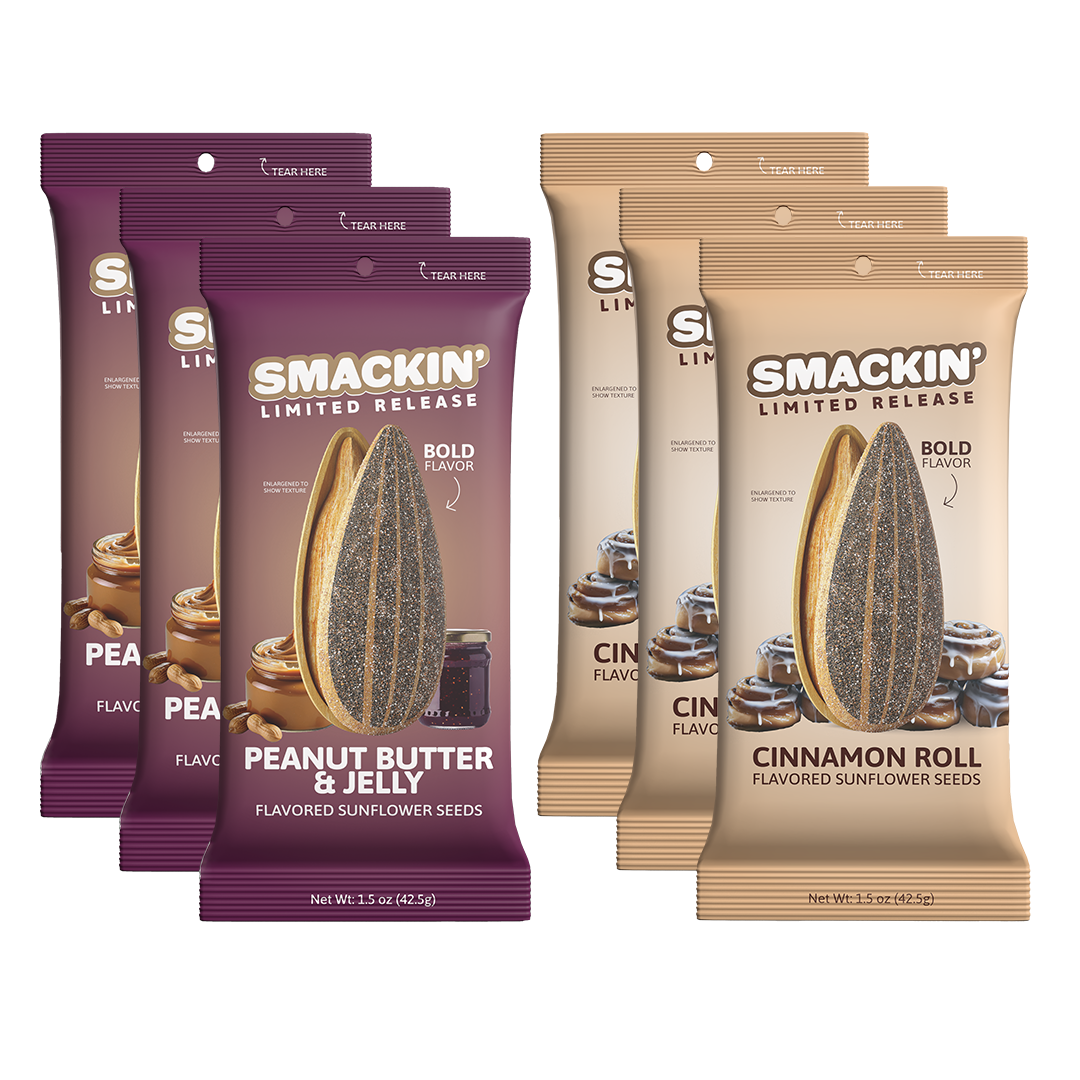 Product photography of six Smackin' Limited Release flavored sunflower seed pouches on a white background including three purple Peanut Butter & Jelly bags with peanut butter and jelly jar graphics and three beige Cinnamon Roll bags with cinnamon roll images each showcasing a large sunflower seed and bold flavor text
