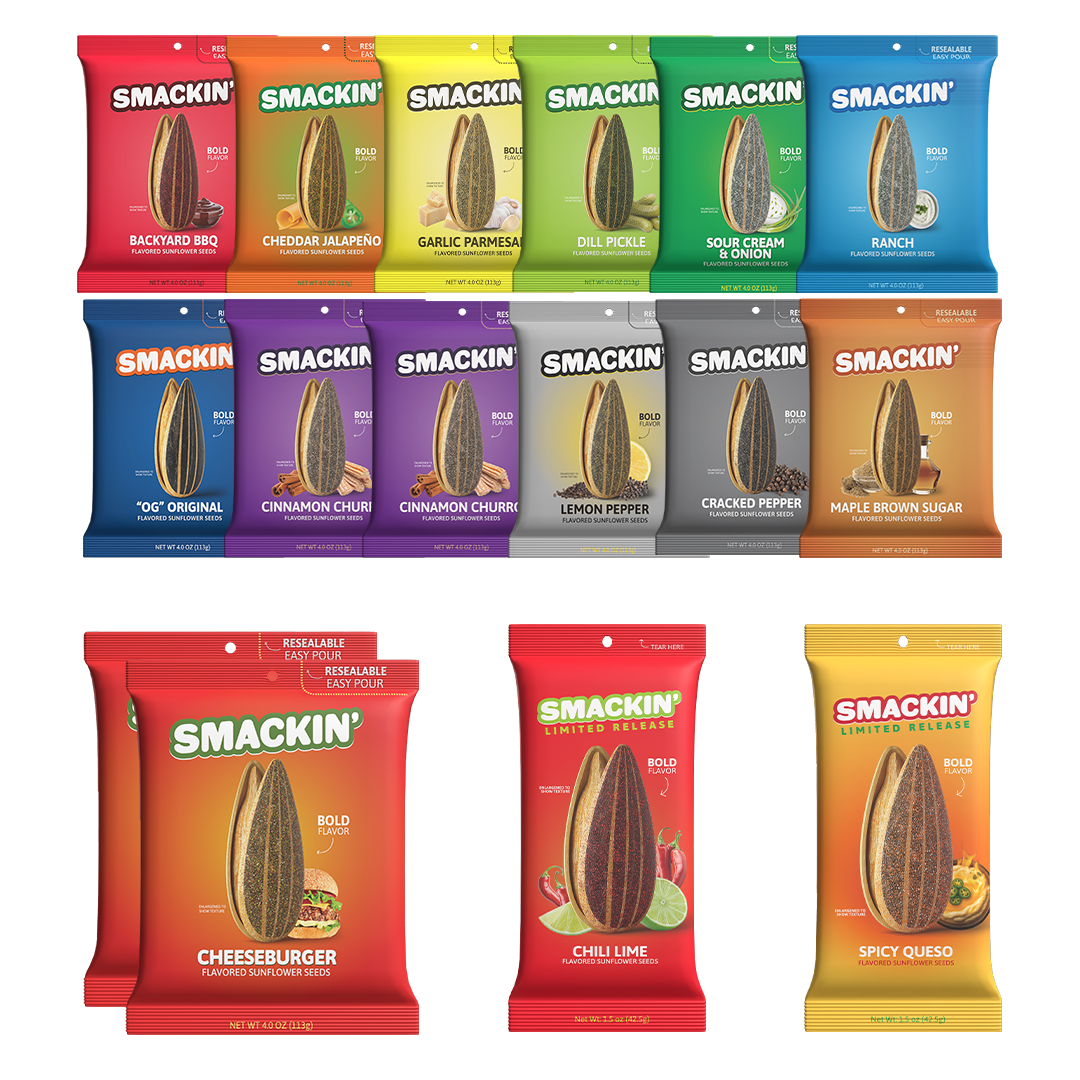 Product photography of Smackin' flavored sunflower seed bags in a colorful assortment including vibrant red Chili Lime, green Dill Pickle, and grey Lemon Pepper, each displaying the brand's iconic logo and a large sunflower seed graphic, neatly arranged in rows on a white background