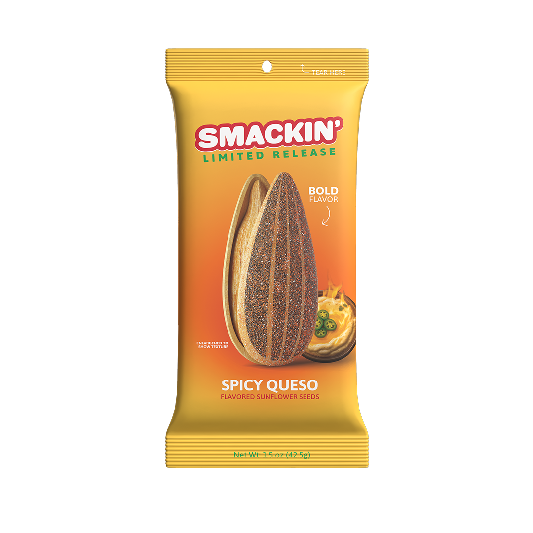 Product packaging for Smackin' Limited Release Spicy Queso flavored sunflower seeds on bright yellow, showcasing a large split sunflower seed and a bowl of bubbling queso with green jalapeños and small flames, highlighting its bold flavor