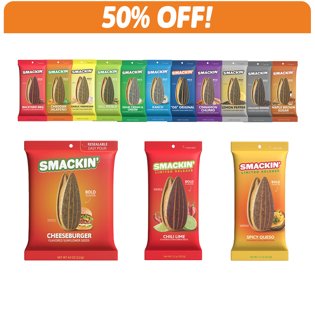 Digital graphic of Smakin' flavored sunflower seeds showing a 50% OFF banner and numerous colorful bags like Cheeseburger Chili Lime and Dill Pickle flavors