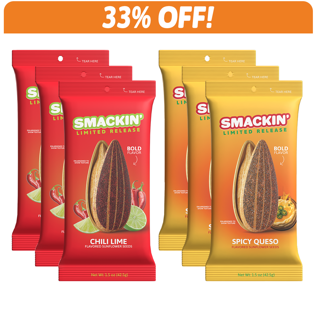 Product display of Smackin' Limited Release sunflower seeds with a prominent 33% OFF banner showing red Chili Lime flavor packets with peppers and limes, and yellow Spicy Queso flavor packets with a bowl of queso