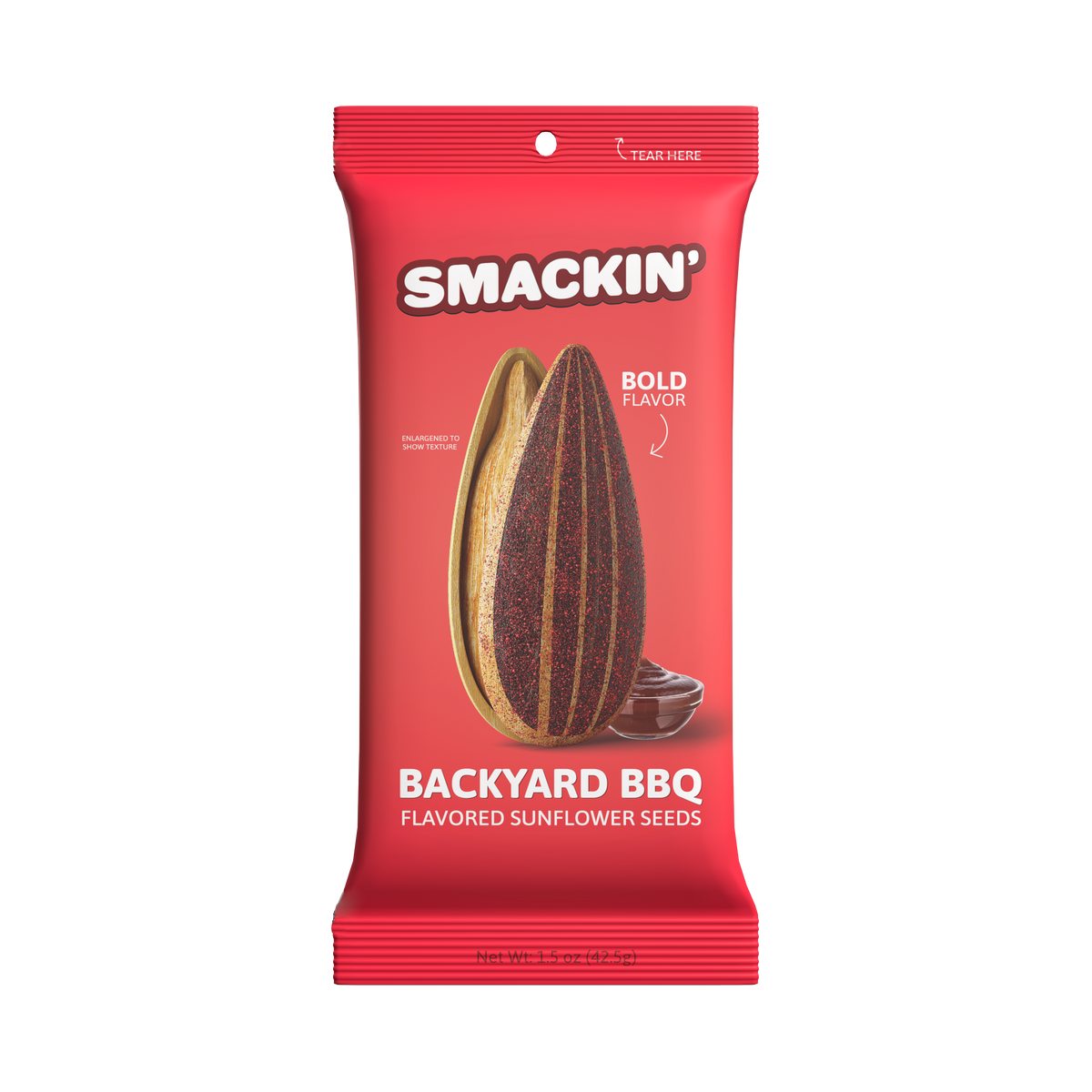 Digital illustration of a red Smackin' Backyard BBQ flavored sunflower seeds packet featuring a large, vertically split sunflower seed with dark red seasoning, a small bowl of BBQ sauce, and white text indicating Bold Flavor and Enlarged to show texture
