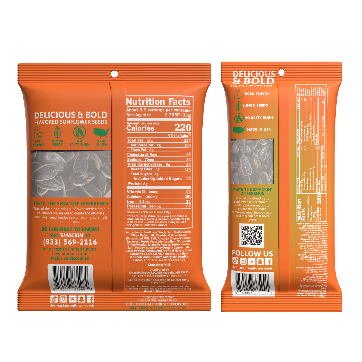 Product photo of an orange Delicious & Bold Flavored Sunflower Seeds bag showing jumbo roasted seeds through a clear window with bold flavor, jumbo seeds, no salty burn, and made in USA icons, a Nutrition Facts panel displaying 220 calories, and social media logos like TikTok and Instagram