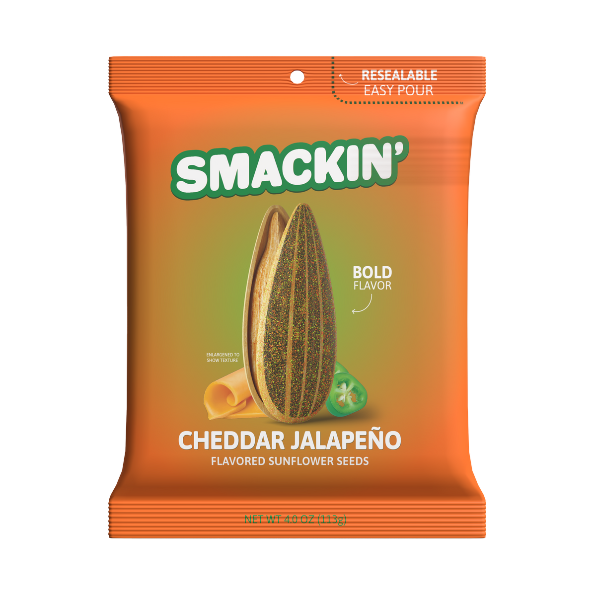 Smackin' Cheddar Jalapeño flavored sunflower seeds in a vibrant orange bag featuring an enlarged seasoned seed, two cheddar cheese slices, and sliced green jalapeño peppers on a gradient background, with Resealable Easy Pour and Bold Flavor callouts