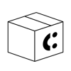 Graphic illustration of a white cardboard box with black outlines featuring a black sad face icon on its visible side against a solid black background