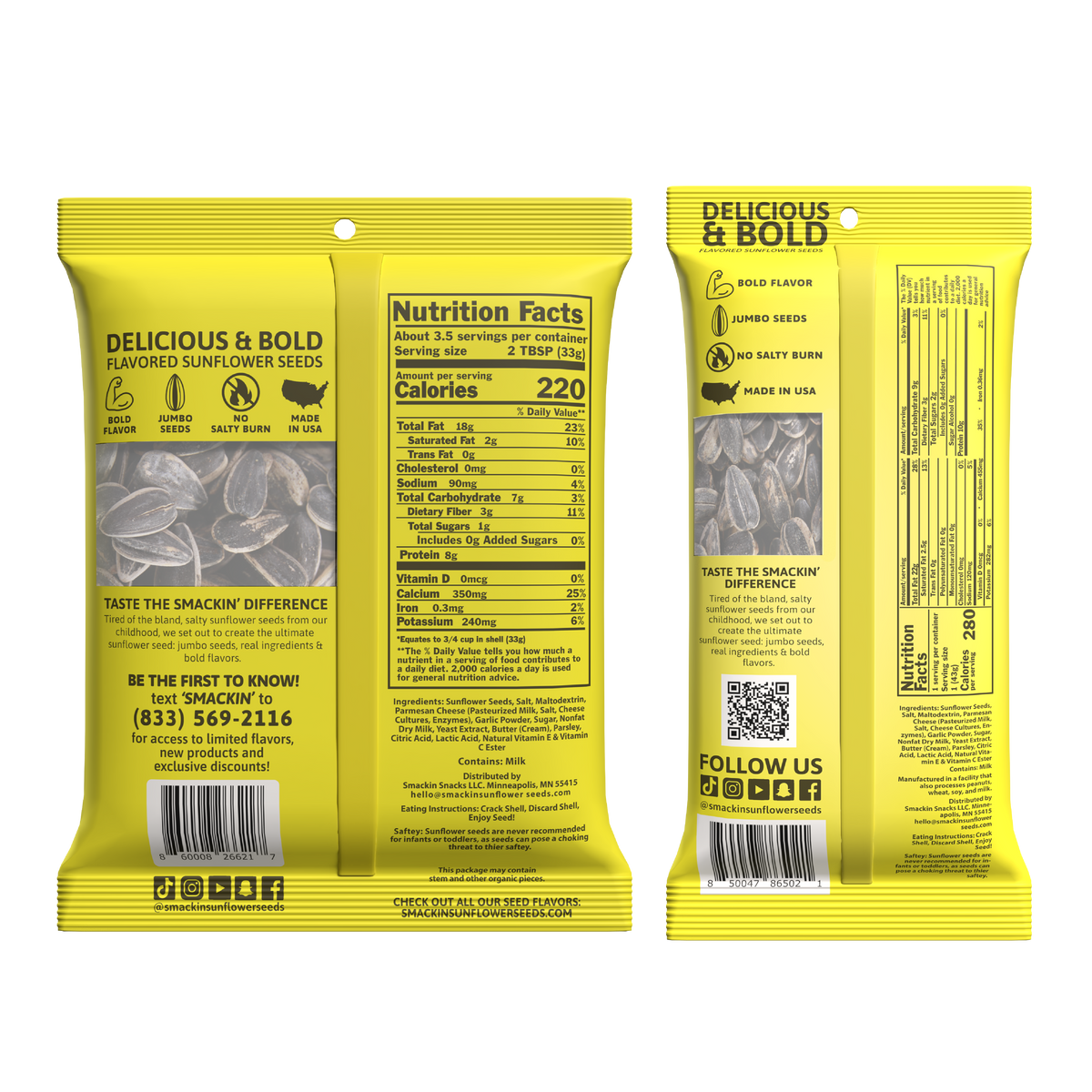 Two bright yellow Delicious & Bold flavored sunflower seed pouches, one displaying a clear window of jumbo seeds and a Made in USA icon with 220 calories nutrition facts, the other showing a QR code, social media icons, and 280 calories nutrition facts