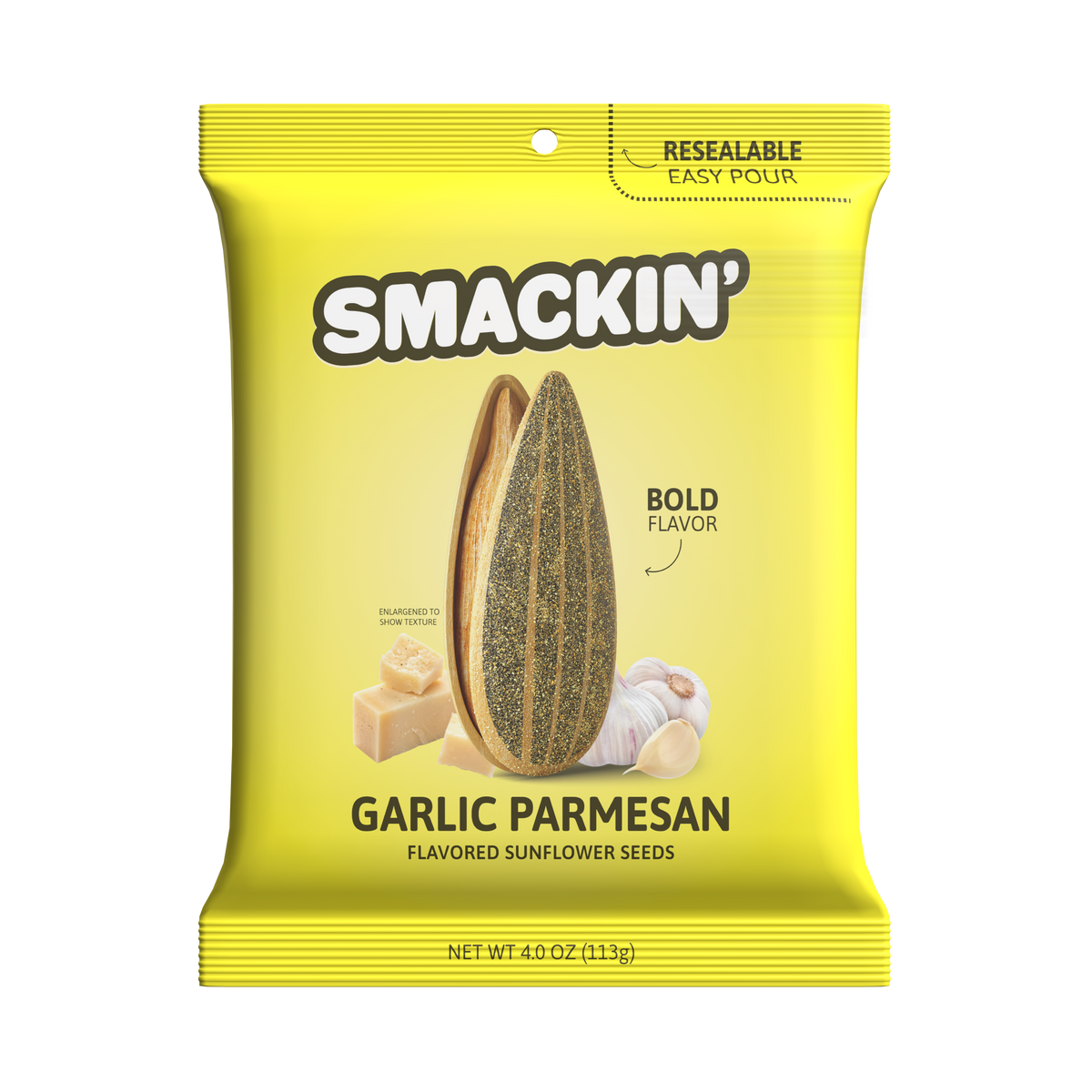 Digital rendering of a yellow Smackin' Garlic Parmesan Flavored Sunflower Seeds resealable bag showcasing an enlarged split seed with textured seasoning alongside fresh garlic cloves and parmesan cheese blocks highlighting 'Bold Flavor'