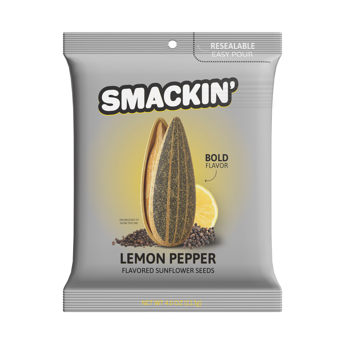Smackin Lemon Pepper Flavored Sunflower Seeds in a grey resealable pouch with an enlarged textured sunflower seed, a vibrant lemon slice, and scattered black peppercorns on a yellow gradient background