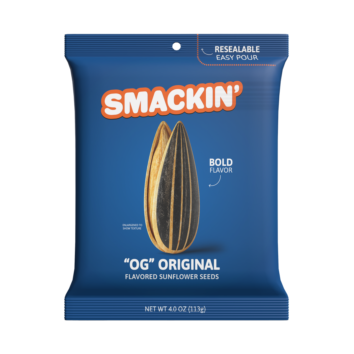 A resealable blue bag of Smackin' OG Original Flavored Sunflower Seeds displaying an orange SMACKIN' logo two enlarged black and tan striped seeds "enlarged to show texture" text and "BOLD FLAVOR" text