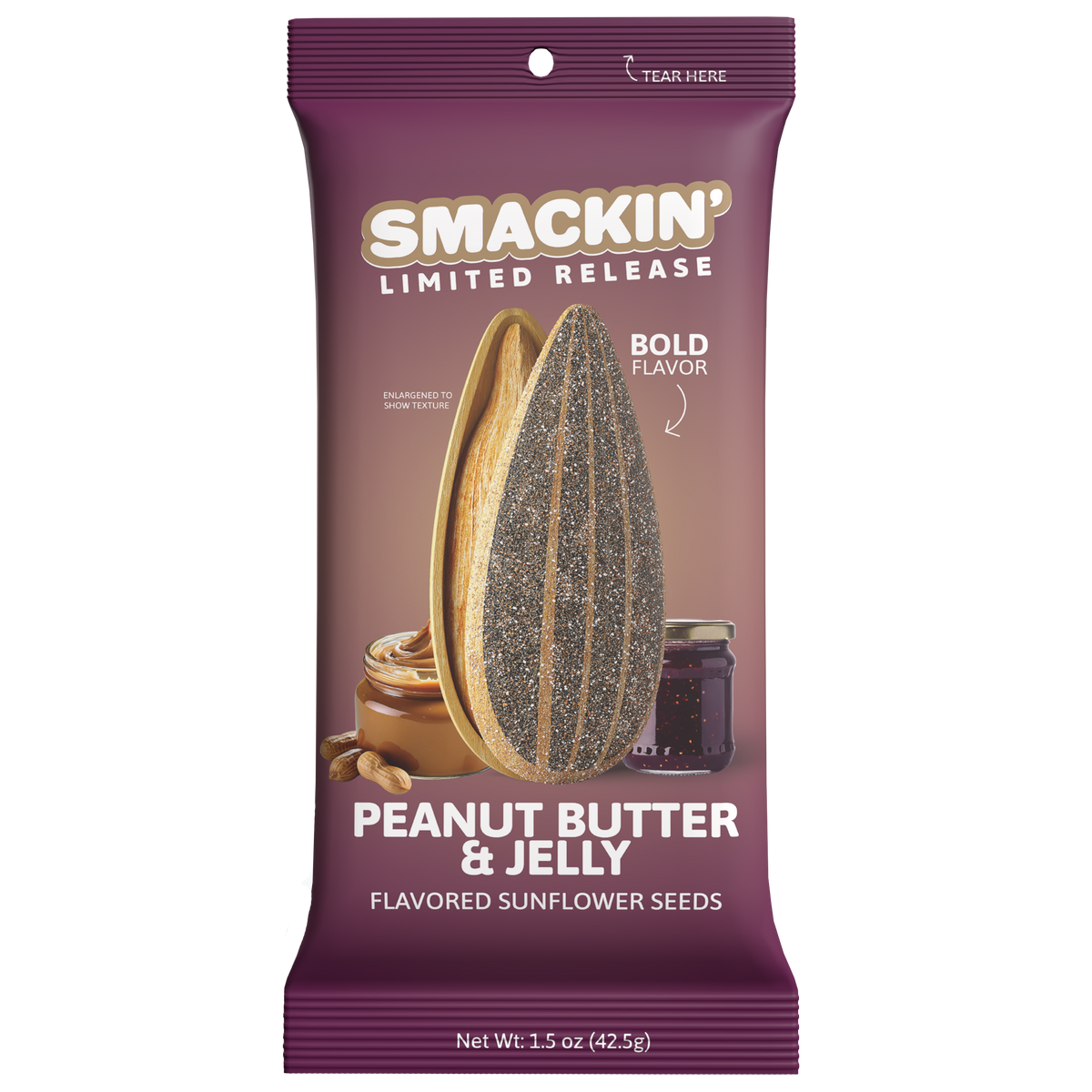 A dark purple Smackin' Peanut Butter & Jelly flavored sunflower seeds package features a large split sunflower seed coated in sprinkles, with small jars of peanut butter and jelly, and text indicating "Limited Release" and "Bold Flavor"