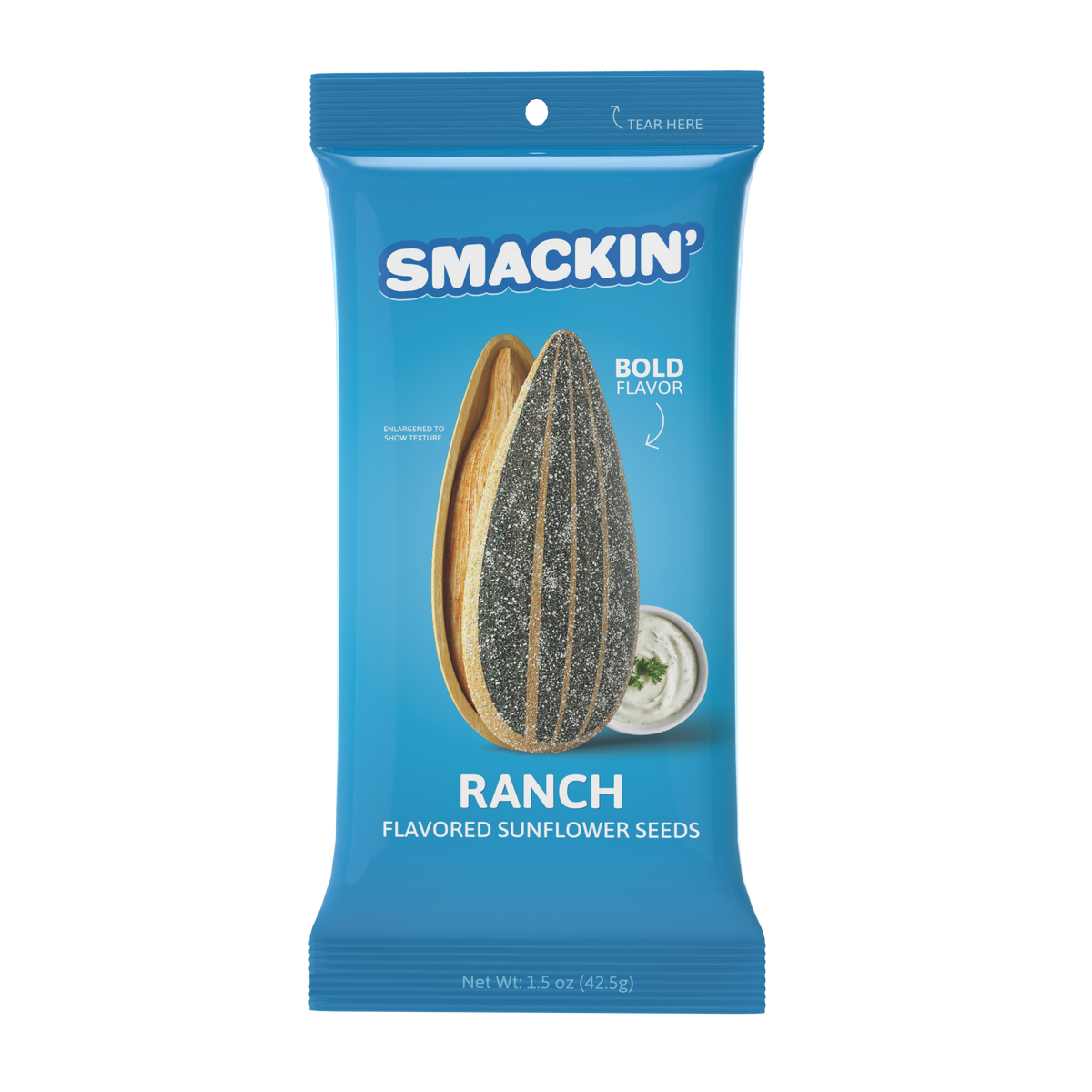 Product photography of a bright blue Smackin' Ranch Flavored Sunflower Seeds bag displaying an enlarged ranch-dusted sunflower seed, a small white bowl of creamy ranch dressing with parsley, and "Bold Flavor" text