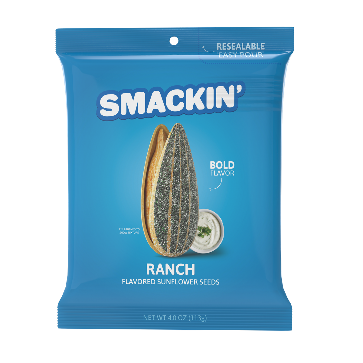 Product photograph of a vibrant blue Smackin' Ranch Flavored Sunflower Seeds bag featuring an enlarged textured seed, a small white bowl of ranch dip with parsley, and "Resealable Easy Pour" text