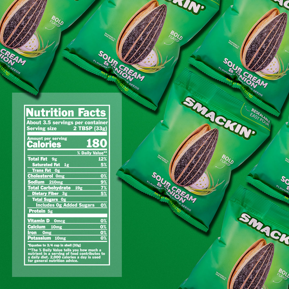 Digital product photography showing several bright green bags of Smakin' Sour Cream & Onion Flavored Sunflower Seeds featuring a large speckled seed illustration and a detailed nutrition facts panel on a vibrant green background