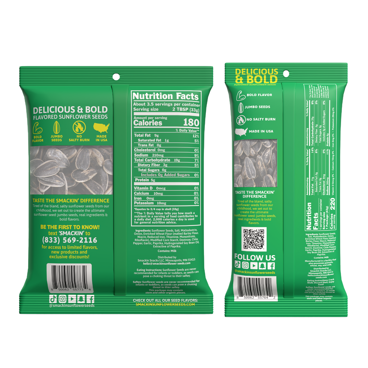 Product photo of two vibrant green Smakin' Delicious & Bold Flavored Sunflower Seeds packets with yellow branding, one displaying a clear window of jumbo seeds and a 'No Salty Burn' icon, the other detailing nutritional information and social media handles