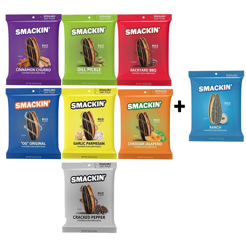Assortment of eight Smackin' flavored sunflower seeds in colorful resealable bags, featuring flavors like Cinnamon Churro, Dill Pickle, and Ranch, each bag illustrating a sunflower seed with its corresponding ingredients