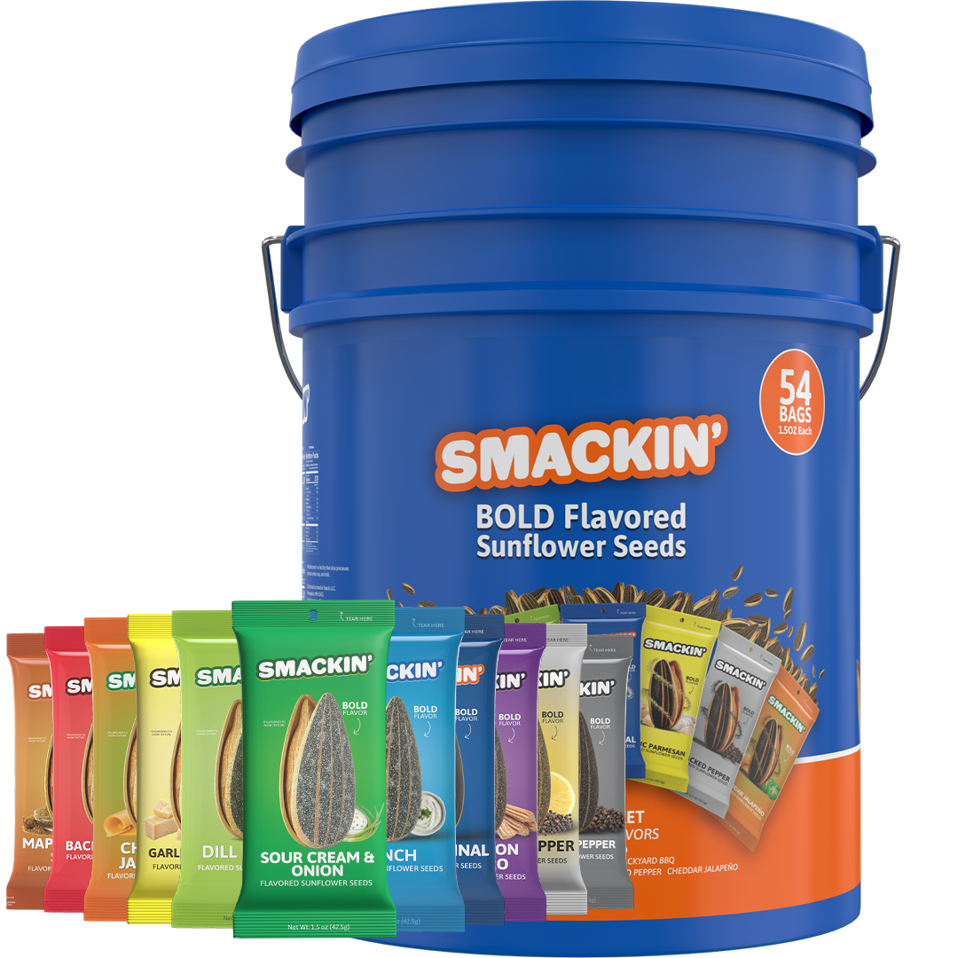 A large blue Smackin' Bold Flavored Sunflower Seeds bucket displaying 54 individual bags in various vibrant colors and flavors like Sour Cream & Onion Dill Pickle and Cracked Pepper