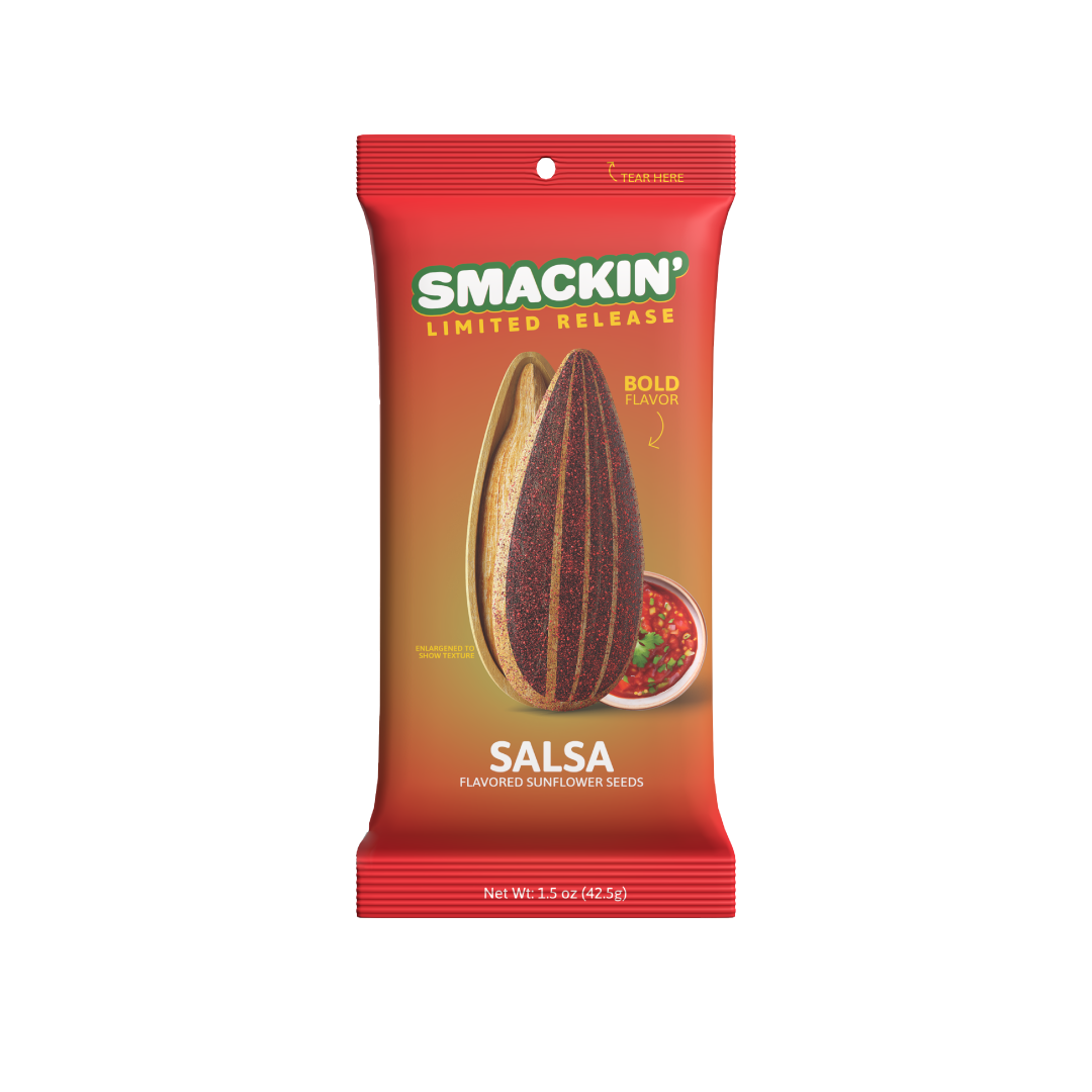 SMACKIN' Limited Release Salsa Flavored Sunflower Seeds in a vibrant red pouch featuring a large textured sunflower seed, a small bowl of fresh salsa, and bold green branding