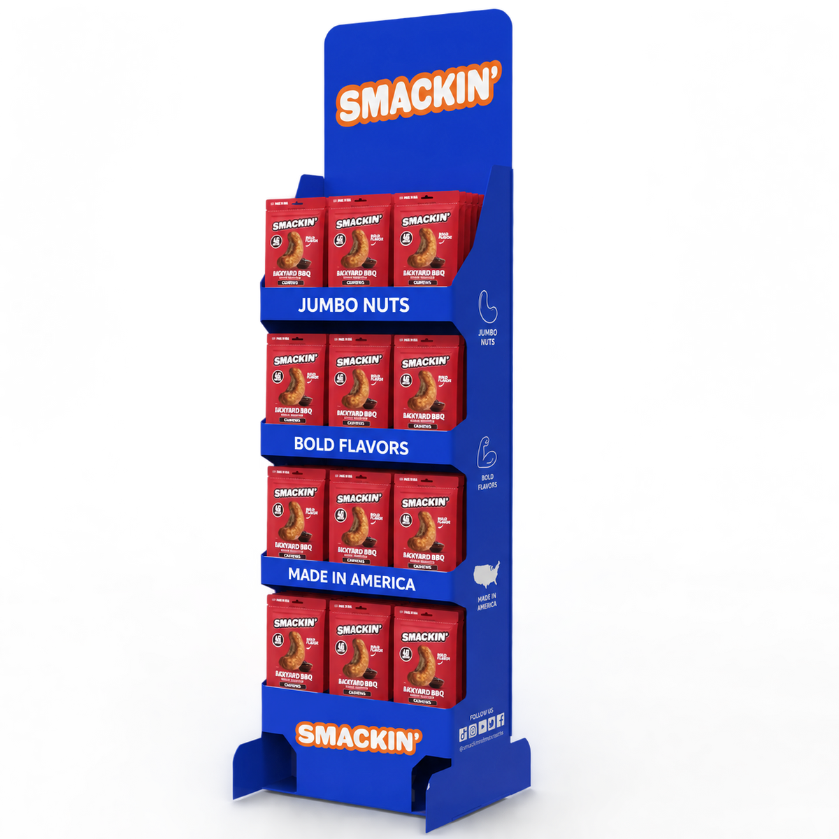 SMACKIN’ Backyard BBQ cashew retail display, angled view