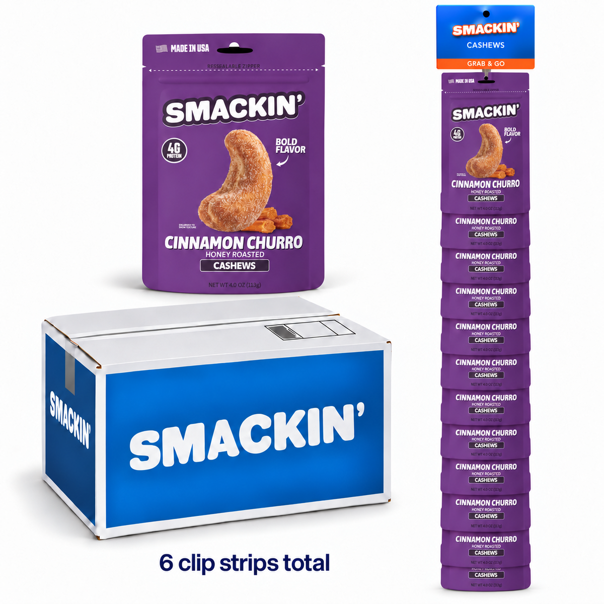 SMACKIN' Cinnamon Churro cashew mastercase with six retail clip strips