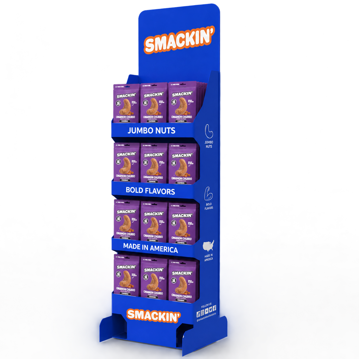 SMACKIN’ Cinnamon Churro cashew retail display, angled view