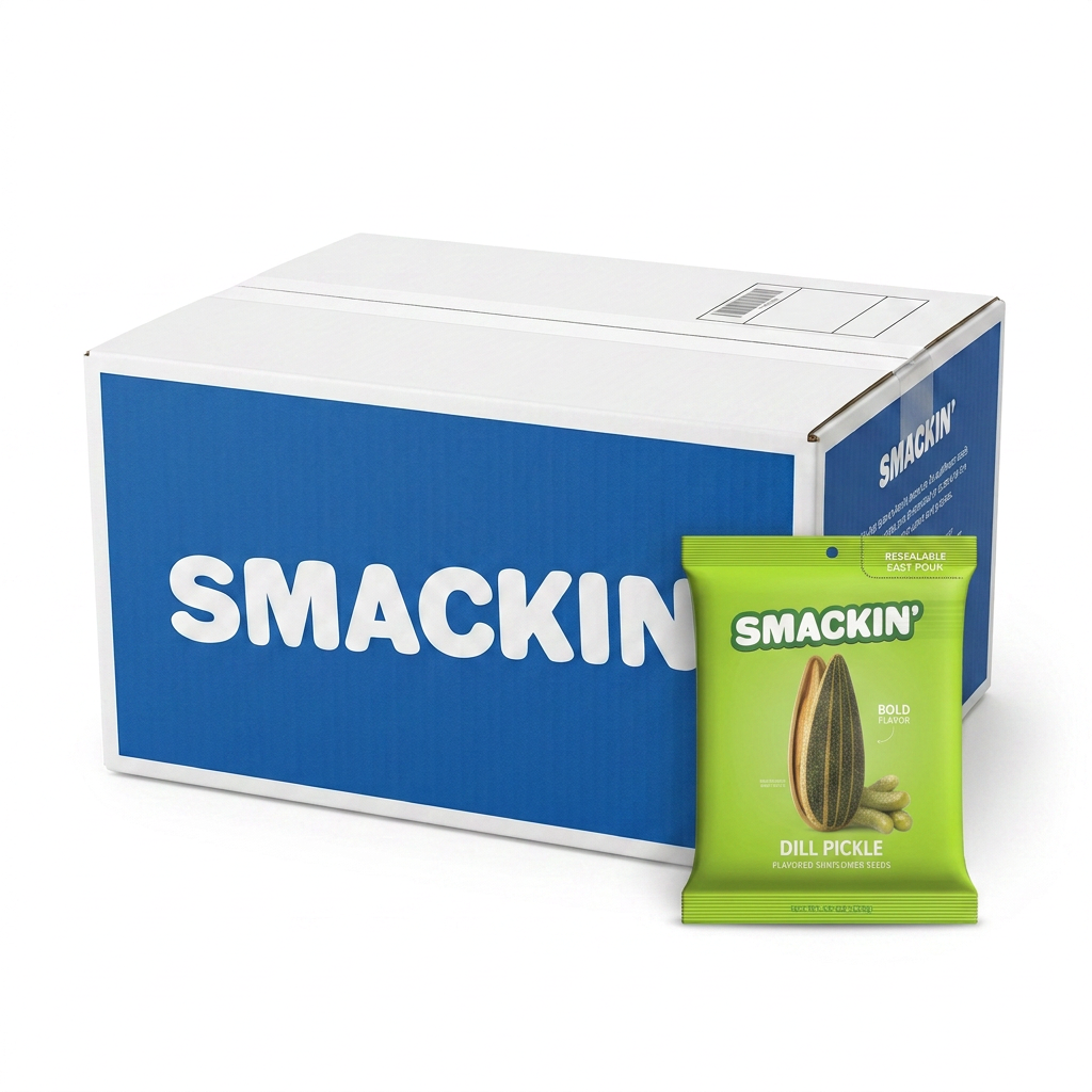Photograph of a SMACKIN' Dill Pickle flavored sunflower seeds display case and a single bright green individual bag showing sunflower seeds and small pickles against the blue and white branded box with "Resealable East Pour" detail