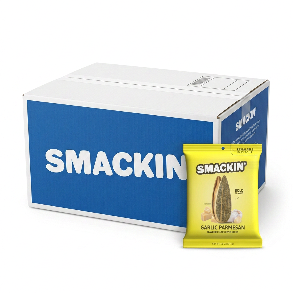 Digital image of a white Smackin' brand carton box with a prominent blue panel and logo next to a bright yellow resealable bag of Smackin' Garlic Parmesan Flavored Sunflower Seeds featuring an illustration of a sunflower seed, garlic cloves, and parmesan cheese on a white background