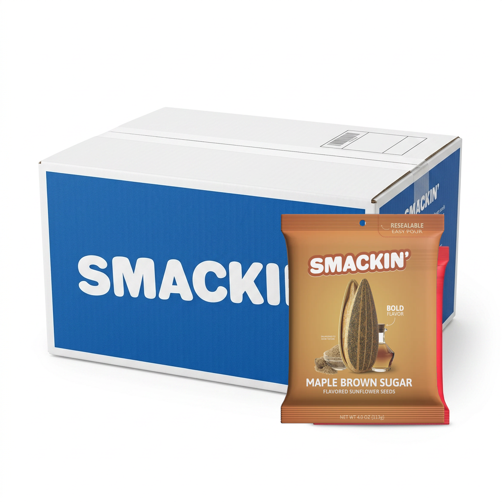 Smackin' Maple Brown Sugar flavored sunflower seeds displayed in an orange-brown resealable single-serving pouch in front of a blue and white bulk merchandising box