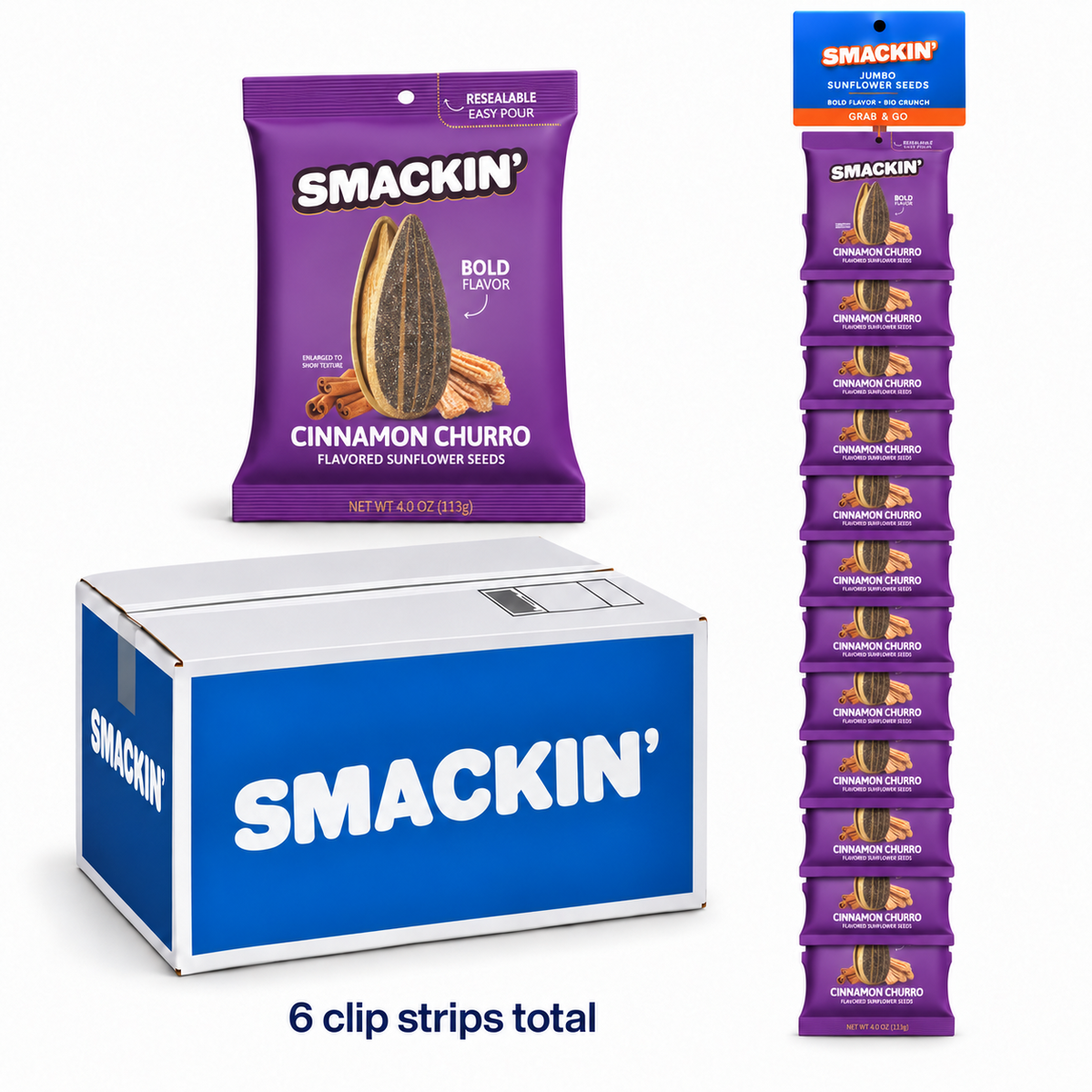 SMACKIN' Cinnamon Churro sunflower seed mastercase with six retail clip strips