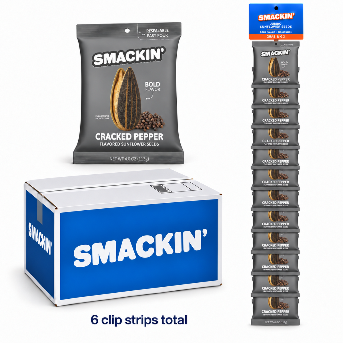 SMACKIN' Cracked Pepper sunflower seed mastercase with six retail clip strips
