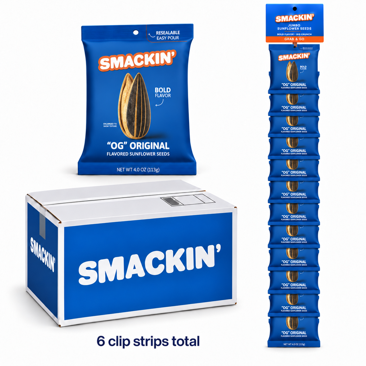 SMACKIN' "OG" Original sunflower seed mastercase with six retail clip strips