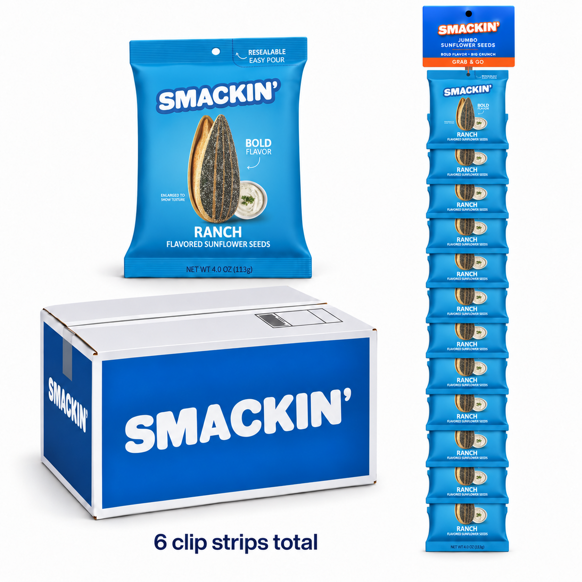 SMACKIN' Ranch sunflower seed mastercase with six retail clip strips