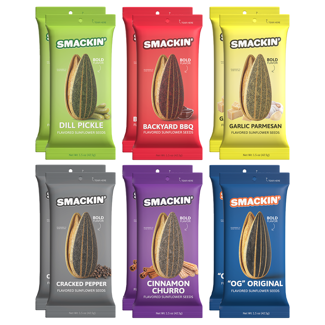 Twelve Smackin' flavored sunflower seed packets arranged in a grid featuring green Dill Pickle red Backyard BBQ yellow Garlic Parmesan gray Cracked Pepper purple Cinnamon Churro and blue OG Original flavors