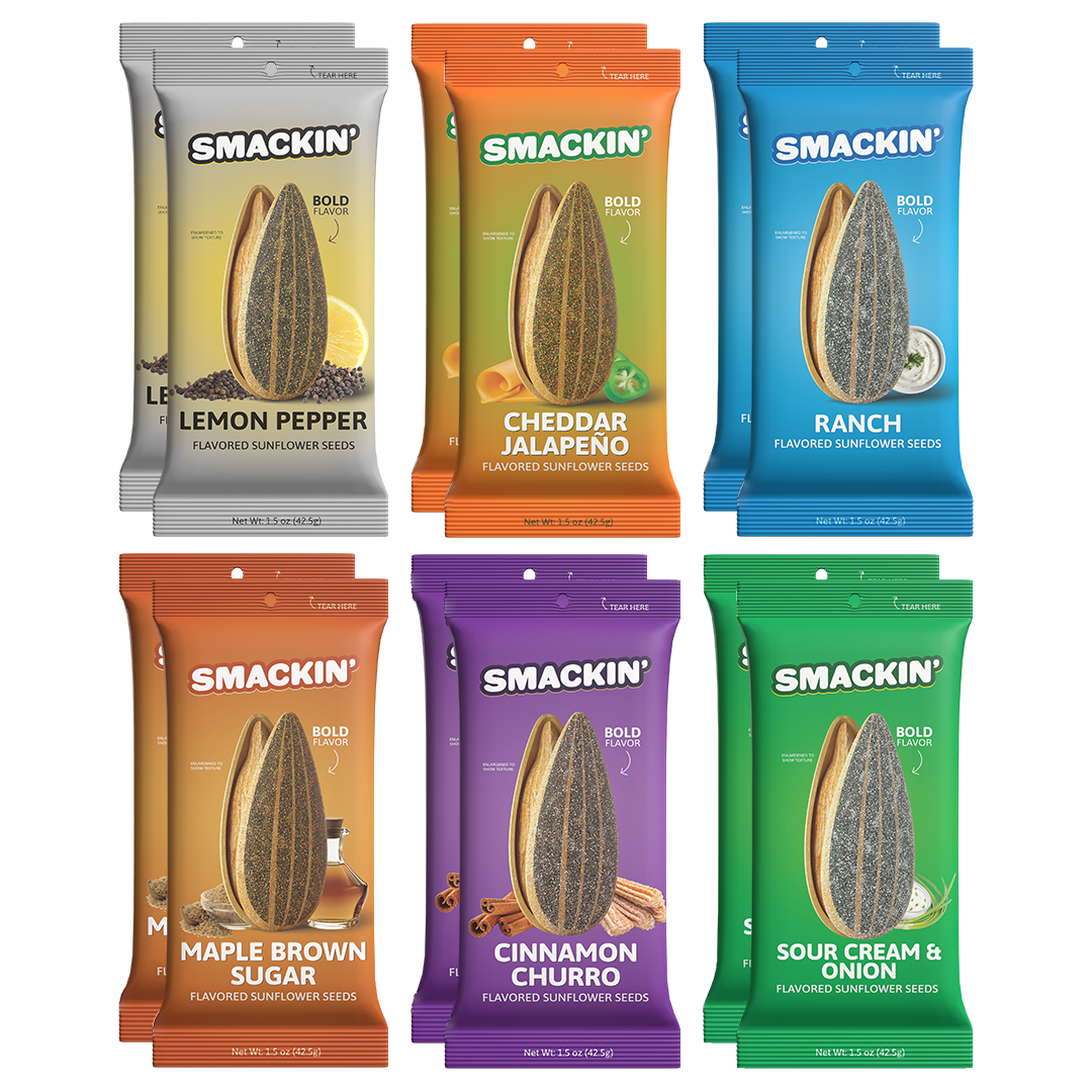 Product photography showing twelve SMACKIN' flavored sunflower seed packets in six colorful pairs, featuring bold flavors like Lemon Pepper, Ranch, and Cinnamon Churro with an enlarged seed graphic on each