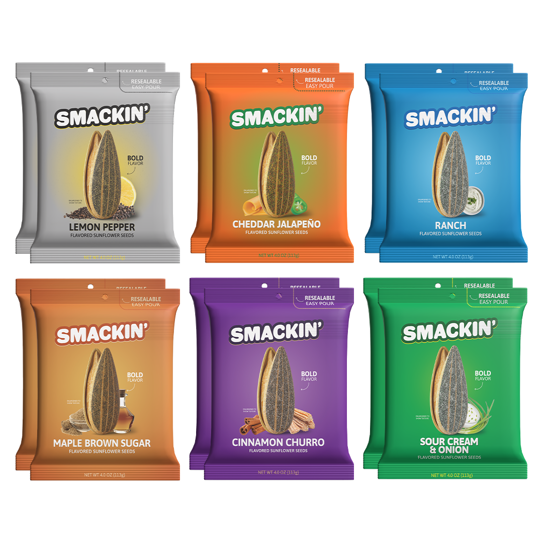 Product photography of six distinct Smackin' flavored sunflower seed pouches including gray Lemon Pepper, orange Cheddar Jalapeño, blue Ranch, brown Maple Brown Sugar, purple Cinnamon Churro, and green Sour Cream & Onion, each featuring a large sunflower seed and flavor icon against a clean white background