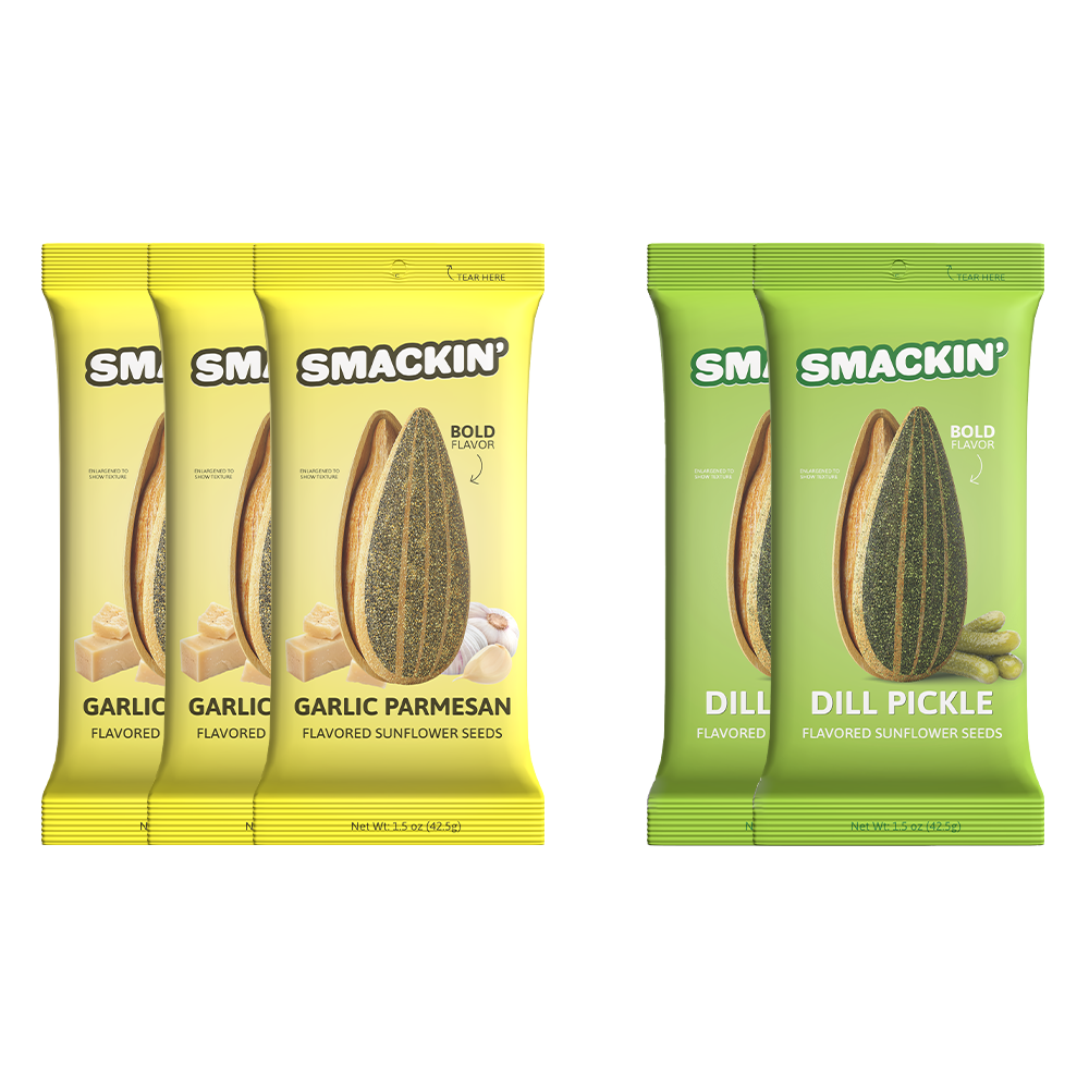 Product photograph featuring three yellow Smackin' Garlic Parmesan flavored sunflower seeds packages displaying garlic and cheese, positioned next to two green Smackin' Dill Pickle flavored sunflower seeds packages with pickles, all on a white background with each package showing a bold flavor label and tear here arrow