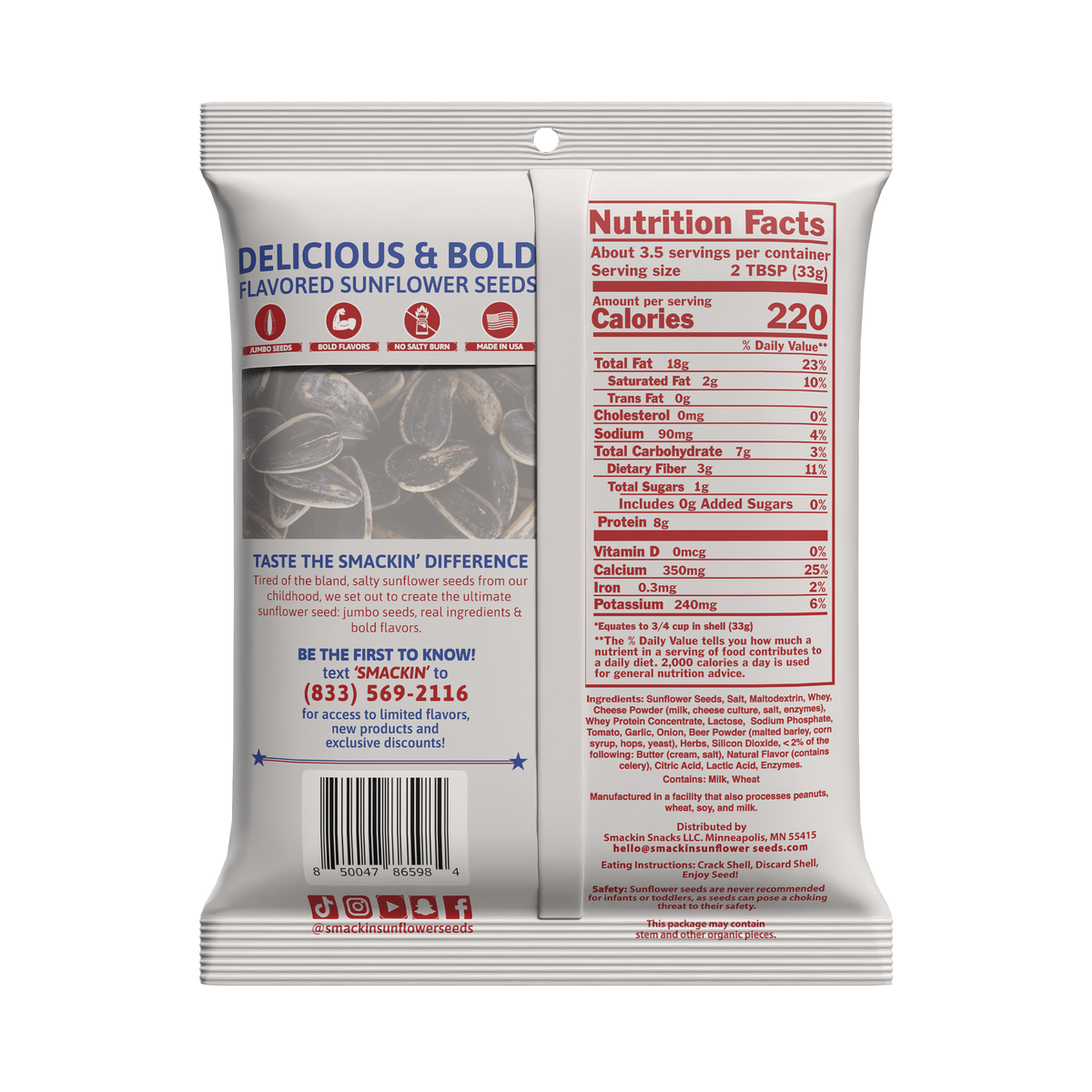 Product packaging by Smackin' Snacks showing a white bag of Delicious & Bold Flavored Sunflower Seeds with prominent blue text, a red Nutrition Facts label indicating 220 calories, a visual of striped sunflower seeds, and a "Made in USA" flag icon