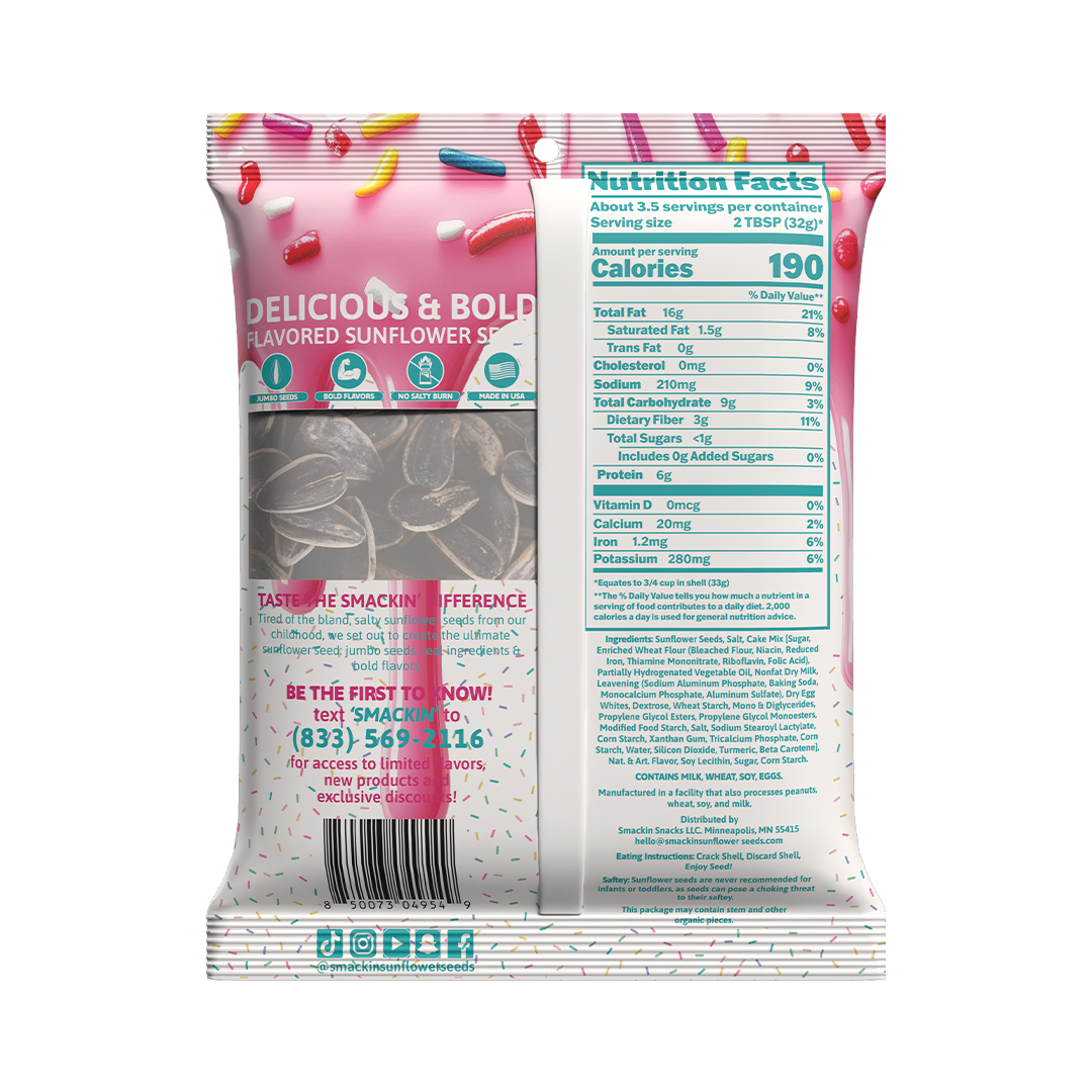 Pink SmacKin Delicious & Bold flavored sunflower seed bag adorned with colorful candy sprinkles, prominently displaying nutrition facts and a unique phone number for exclusive discounts