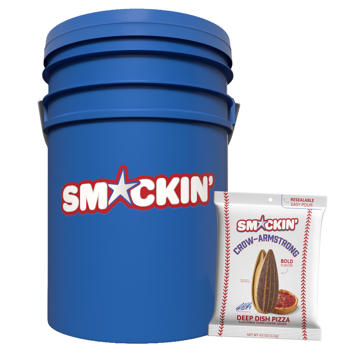 A large blue SmXckin' bucket with a white star logo stands beside a white pouch of SmXckin' Crow-Armstrong Deep Dish Pizza flavored sunflower seeds detailed with red baseball stitching