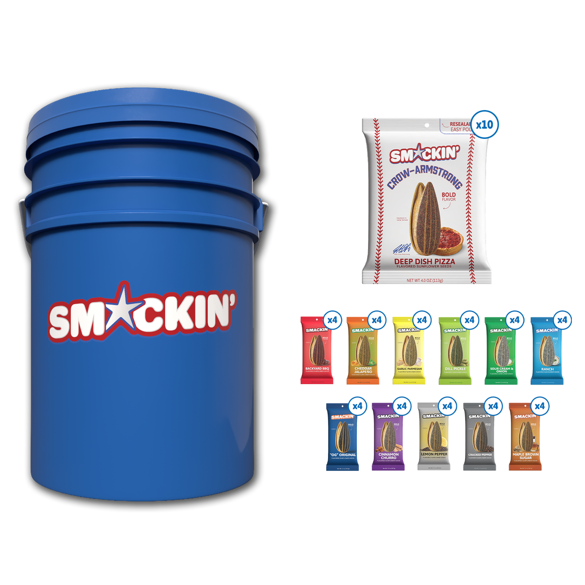 A commercial image showing a large blue Smackin' brand bucket to the left, a single bag of Smackin' Deep Dish Pizza flavored sunflower seeds marked x10, and a grid display of colorful smaller bags showcasing various flavors like Cheddar Jalapeno and Cinnamon Churro