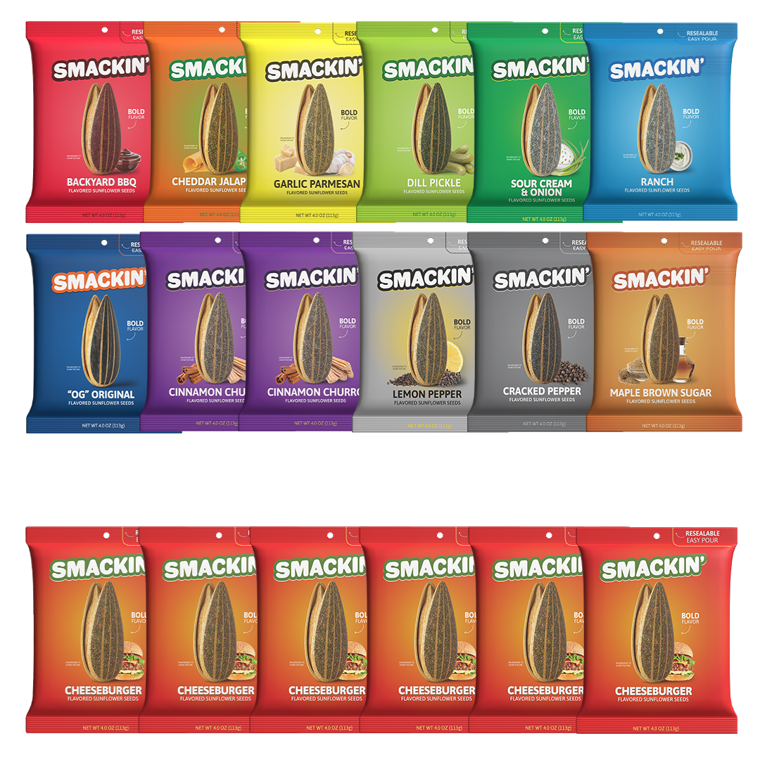 A product display showing multiple rows of Smackin' flavored sunflower seeds in brightly colored pouches featuring varieties such as Backyard BBQ, Cinnamon Churro, and Cheeseburger