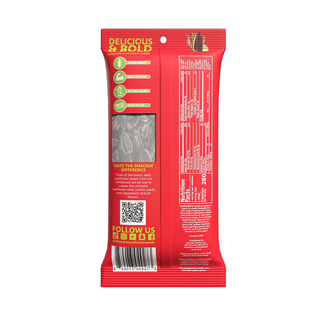 Red product packaging for Smokin' Sunflower Seeds featuring 'DELICIOUS & BOLD' in white and yellow a clear window revealing the black and white seeds and a Nutrition Facts label with social media icons