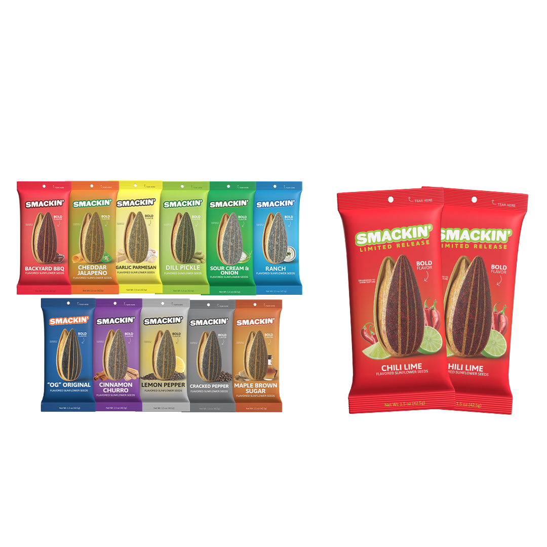 A vibrant display of Smakin' flavored sunflower seeds in diverse pouches on a white background, featuring Backyard BBQ, Dill Pickle, and Limited Release Chili Lime flavors